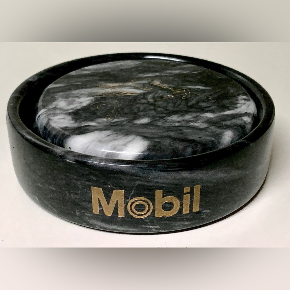 Vintage Executive Set of 2 Black Marble MOBIL Pegasus Logo Drink Coasters